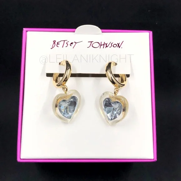 Betsey Johnson Gold Tone Crystal Heart Huggie Hoop Earrings - Picture 3 of 11